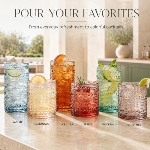 Khen Hobnail Beaded Highball Drinking Tumbler Glasses | Set of 12