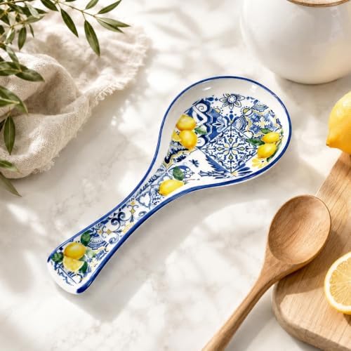 FYSUIMU 8.9 Inch Blue Tile Lemon Spoon Rest, Summer Kitchen Decor