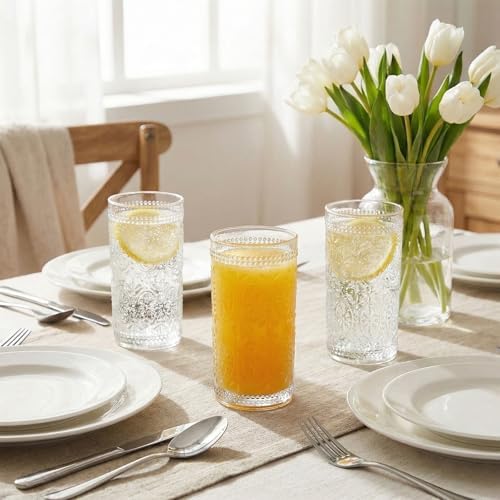 Bekith 6 Pack Romantic Drinking Glasses, 12 oz Highball Glasses, Thick