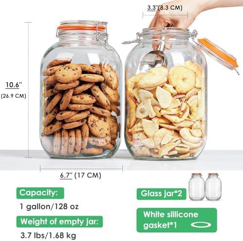 1 Gallon Glass Mason Jar with Airtight Lids, 2 Pack Wide Mouth Storage