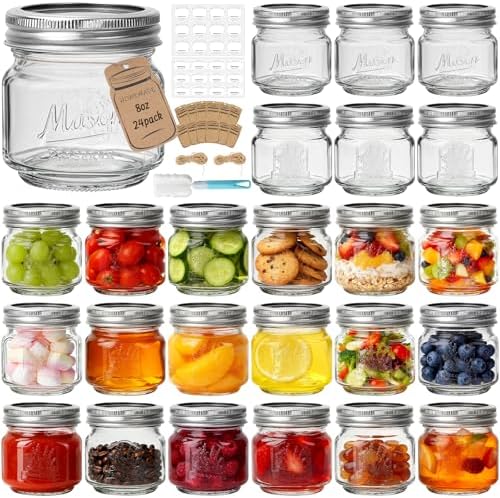 CycleMore Mason Jars 8 oz, 24 Pack Glass Canning Jars with Split Lids