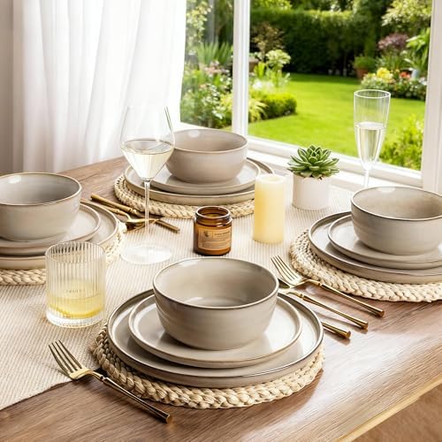 AmorArc Stoneware Dinnerware Sets for 4, 12 Piece Plates and Bowls