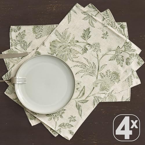 JINCHAN Sliva Linen Floral Placemats Set of 4 Farmhouse 13x19 Sage