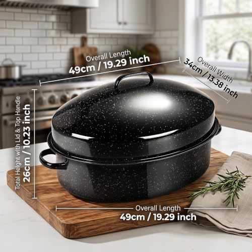 19.3" Large Roasting Pan with Rack and Lid, Granite Enameled Roaster