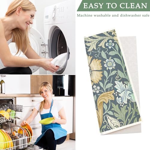 8 Packs Foliage Swedish Dishcloths, Blue Green Floral, 7 x 8 Inch