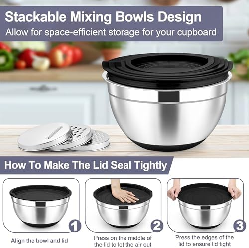 TeamFar Mixing Bowls, Stainless Steel Salad Bowl with Lid & Graters
