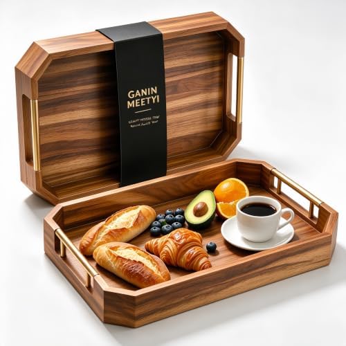 Wooden Serving Tray with Metal Handles, Acacia Wood Rectangular