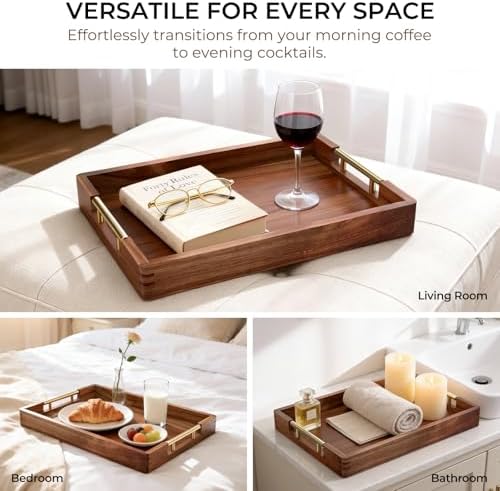 17-Inch Acacia Wood Serving Tray, 2 Handle Sets, Gold and Silver