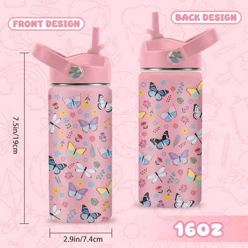 Hiboss Butterfly Gifts for Girls, 16oz Pink Butterfly Water Bottle
