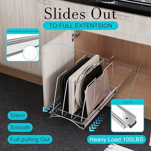 Pull Out Cookie Sheet Organizer, 10" W x 22" D x 11" H, Chrome