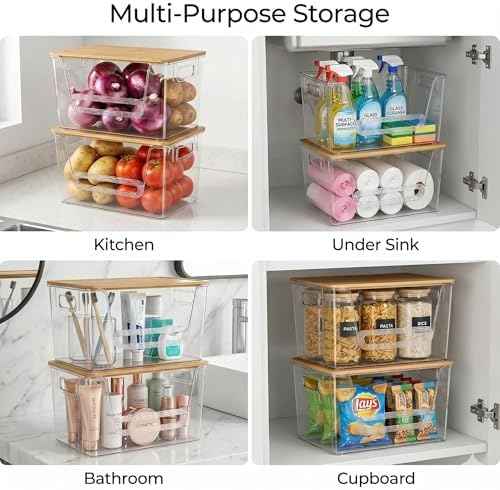 2 Pack Pantry Organizer and Storage with Bamboo Lid, Stackable Trash