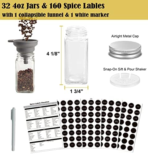 4 Tier Spice Rack Organizer with 32 Square Spice Jars and 160 Spice