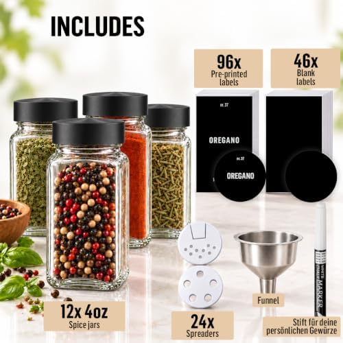 Deco haus Glass Spice Jars with Lids 12x4oz - Airtight Spice