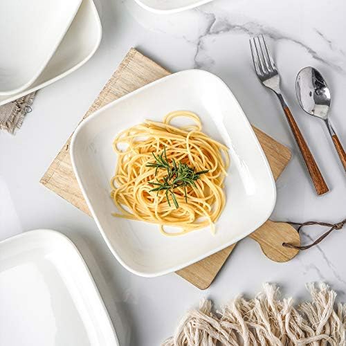Selamica Porcelain 8-inch Square Dinner Plates, Pasta Salad Bowls, Set