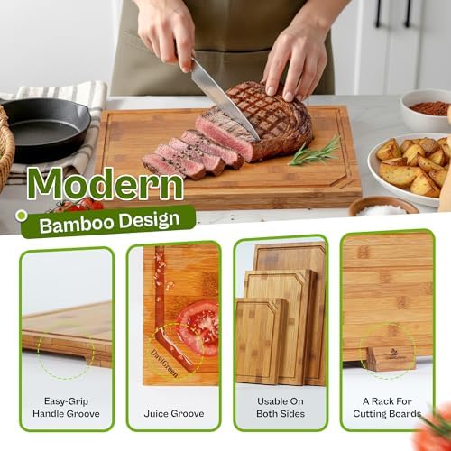 Dark Carbonized Bamboo Cutting Board Set of 3 with Stand, 0.8 Inch