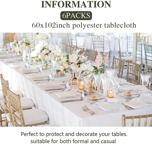 6 Pack White Table Cloth Rectangle 60 x 102 Inch, Rectangle Tablecloth