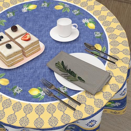 Lemon Round Tablecloth 60 Inch Blue Yellow French Country Style Fruit