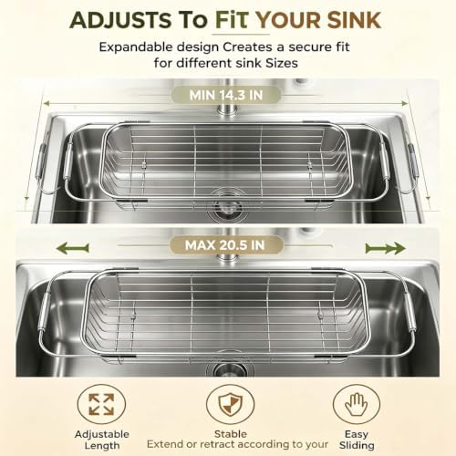Stainless Steel Telescopic Drainer Basket, Adjustable Over-Sink