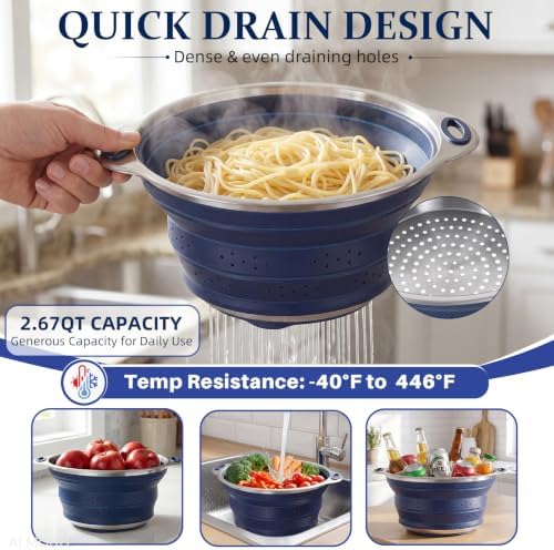 Collapsible Colander Set with Silicone Mat,2-in-1 Stainless Steel