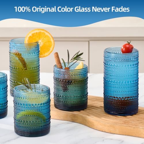 Vintage Hobnail Drinking Glasses Set of 8, Blue 16 oz Highball Glasses