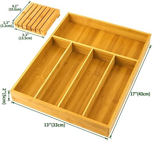 VaeFae Bamboo Silverware Drawer Organizer with Knife Block Set