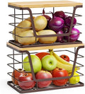 ALOCEO 2 Pack Stackable Wire Storage Basket with Bamboo Lid, Trash Bag