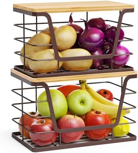 ALOCEO 2 Pack Stackable Wire Storage Basket with Bamboo Lid, Trash Bag