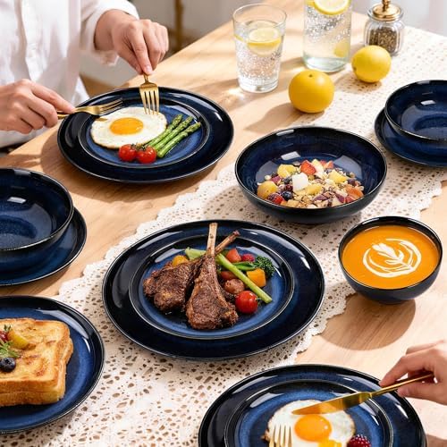 16 Pcs Porcelain Dinnerware Sets for 4 with Double Bowls, Blue