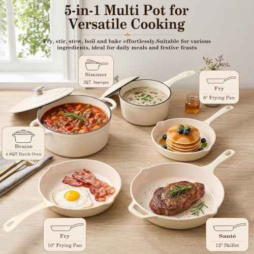 5-Piece Enameled Cast Iron Cookware Set with Lids, Dutch Oven &