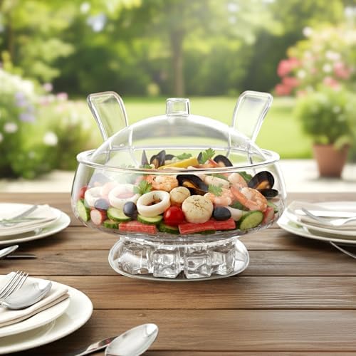 Amazing Abby - Ice Bed - Acrylic 5-Quart Salad Bowl with Built-in Ice Base and Lid, Plastic Clear Serving Bowl with Integrated Servers, Keeping Salad Cold and Fresh for Party, Picnic, Outdoor Dining
