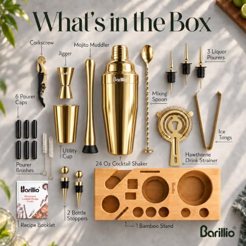 Barillio Gold Bartender Kit - Stainless-Steel Cocktail Shaker Set