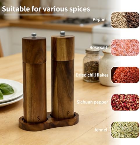 8 Inch Acacia Wooden Salt and Pepper Grinder Set, Refillable