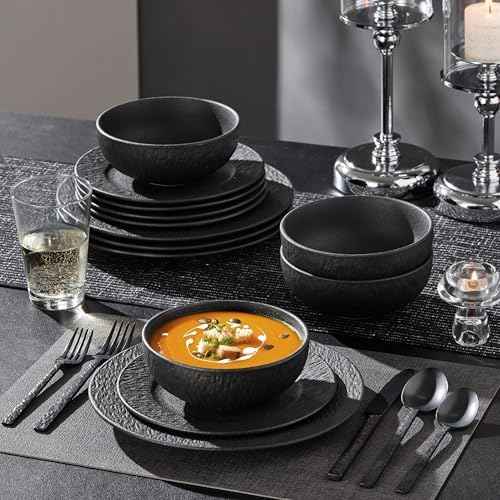 12-Piece Black Dinnerware Sets with 20-Piece Flatware
