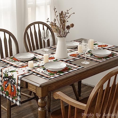 Artoid Mode Pumpkin Buffalo Plaid Fall Placemats Set of 4-12 x 18 Inch