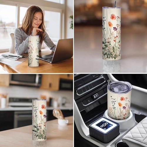 Firmiso Wildflower Tumbler 20oz, Floral Skinny Cup with Lid and Straw