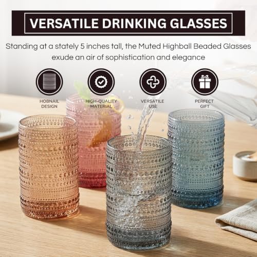 Khen Hobnail Beaded Highball Drinking Tumbler Glasses | Set of 4