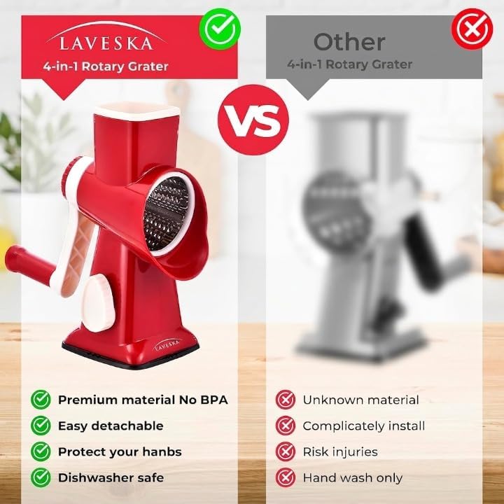 Rotary Cheese Grater Vegetable Slicer, 4-in-1, Red
