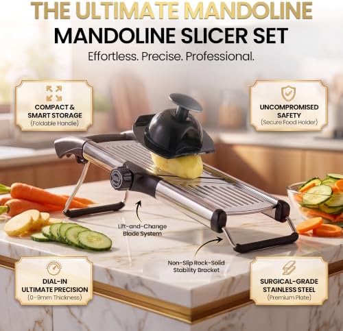 SAFI Adjustable Mandoline Slicer for Kitchen Mandoline & Vegetable Slicer Potato Slicer Fruit Slicer & Onion Cutter With Stainless Steel Blades Safety Hand Guard & Cut-Resistant Gloves Kitchen Gadgets