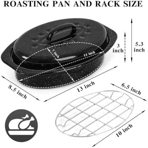 13 Inch Small Roasting Pan with Lid and Rack, Enamel Carbon Steel Roaster Pan, High Temperature Resistance and Dishwasher Safe, Cookware for Small Poultry & Vegetables