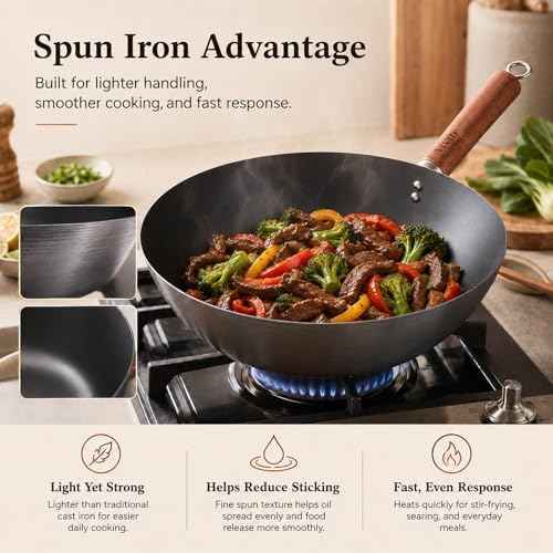10.2-Inch Carbon Steel Wok Frying Pan with Lid, Flat Bottom