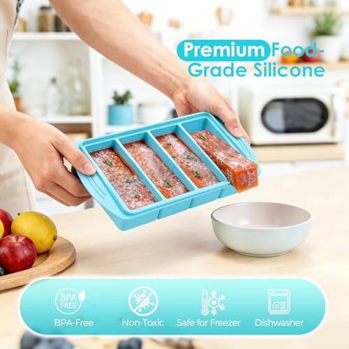 Silicone Freezer Tray with Lid, 4 Compartment Food Storage Container