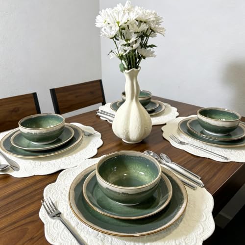 Sweejar 12 Pieces Ceramic Dinnerware Sets for 4, Moss Green