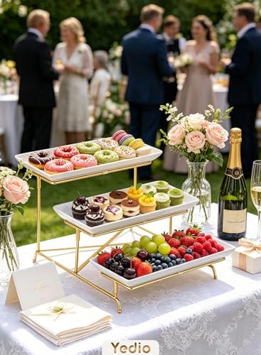 3 Tiered Serving Tray, 14 Inch Porcelain Serving Platters, Gold