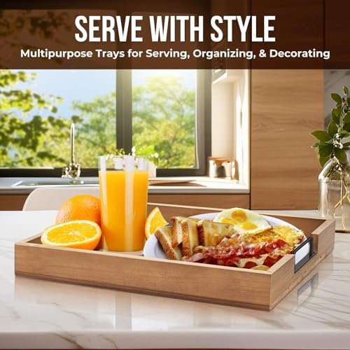 Flexzion Rustic Wooden Serving Trays Set of 3 with Handles, Stackable