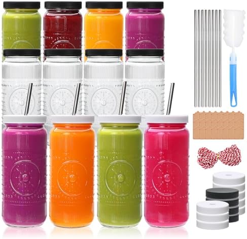 16 oz Glass Juice Bottles with Lids, 12 Pack Reusable Juicing Bottles