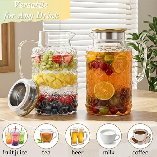 AVLA 2 Pack 2 Liter Glass Pitcher with Lid and Handle, Large