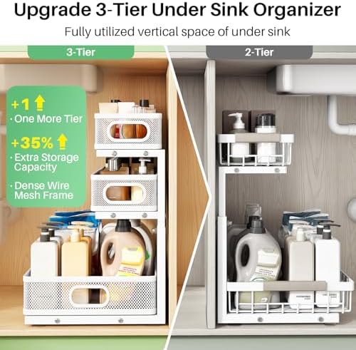 Kitstorack Under Sink Organizer, 2-Pack 3-Tier Height Adjustable