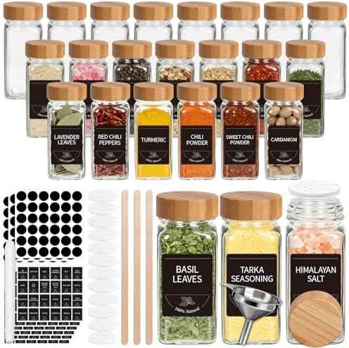 24 Pack Glass Spice Jars with Labels, 4oz Spice Containers with Bamboo