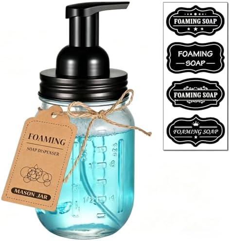 SheeChung 16oz Glass Mason Jar Foaming Hand Soap Dispenser, Black