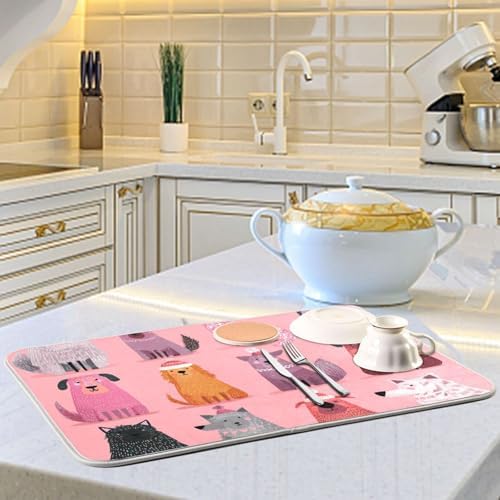 OTVEE Festive Animal Decor Dish Drying Mat for Kitchen Counter
